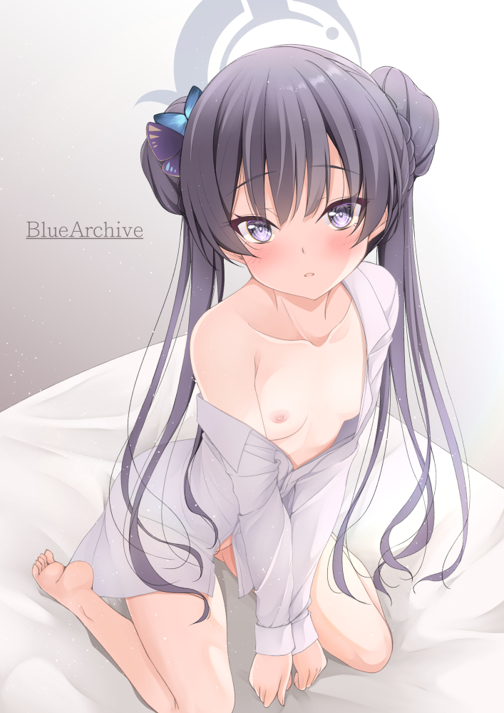 1girl black_hair blue_archive blush braid braided_bun breasts butterfly_hair_ornament cleavage double_bun hair_bun hair_ornament halo kisaki_(blue_archive) long_hair looking_at_viewer nipples no_bra no_panties no_pants open_clothes open_shirt purple_eyes shirt simple_background sitting small_breasts solo tomosuke twintails wariza white_shirt