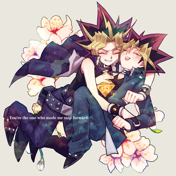 2boys bad_id bad_pixiv_id cherry_blossoms closed_eyes dual_persona dyed_bangs english_text flower grin happy laughing li_mone male_focus millennium_puzzle multicolored_hair multiple_boys muto_yugi popped_collar simple_background smile spiked_hair yami_yugi yu-gi-oh! yu-gi-oh!_duel_monsters