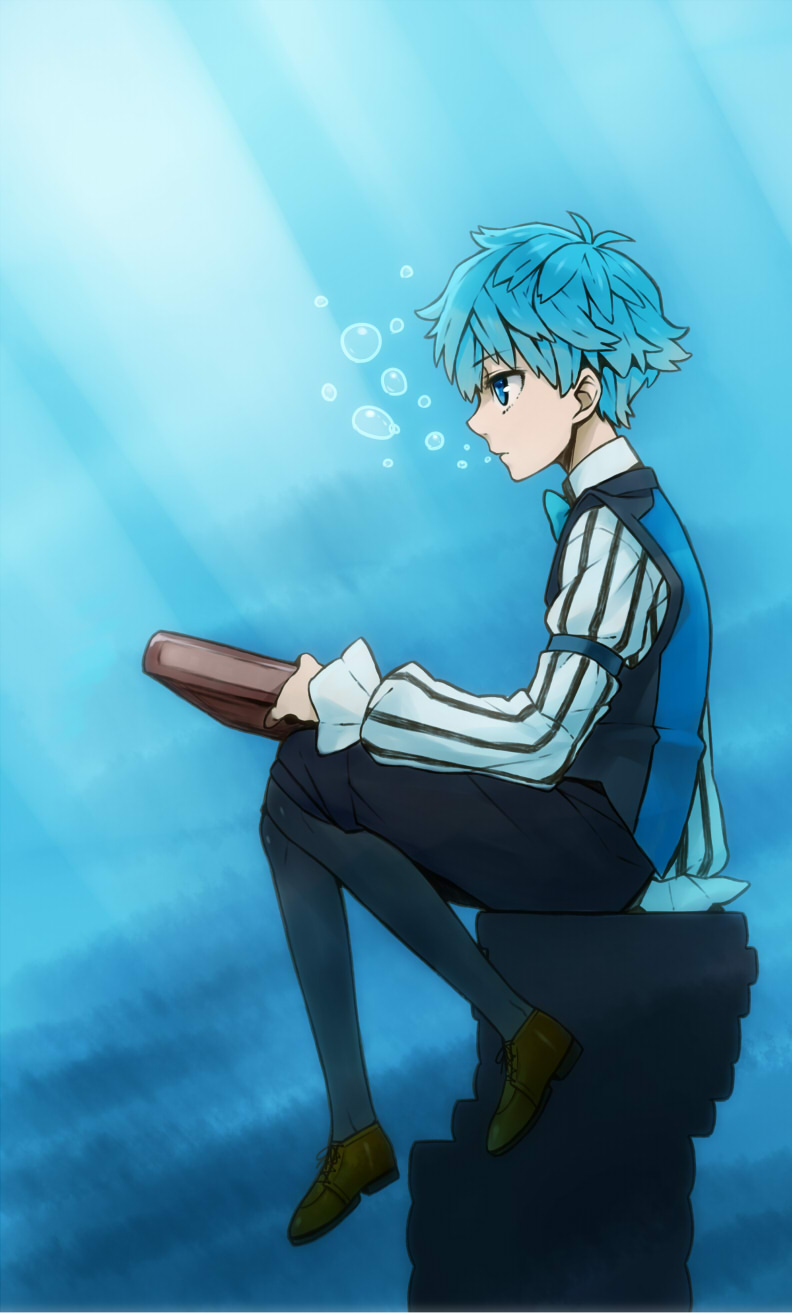 10s 1boy bad_id bad_pixiv_id blue_eyes blue_hair book bubble fate/extra fate/extra_ccc fate_(series) hans_christian_andersen_(fate) highres male_focus matching_hair/eyes nagiko_(mangalove1111) shiori_(1095951) solo underwater