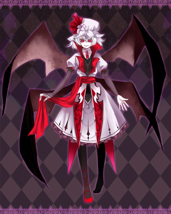 1girl alternate_costume alternate_hair_color bad_id bad_pixiv_id bat_wings female_focus hat koumajou_densetsu multiple_wings reika_(iamreika) remilia_scarlet shoes single_shoe smile solo touhou wings