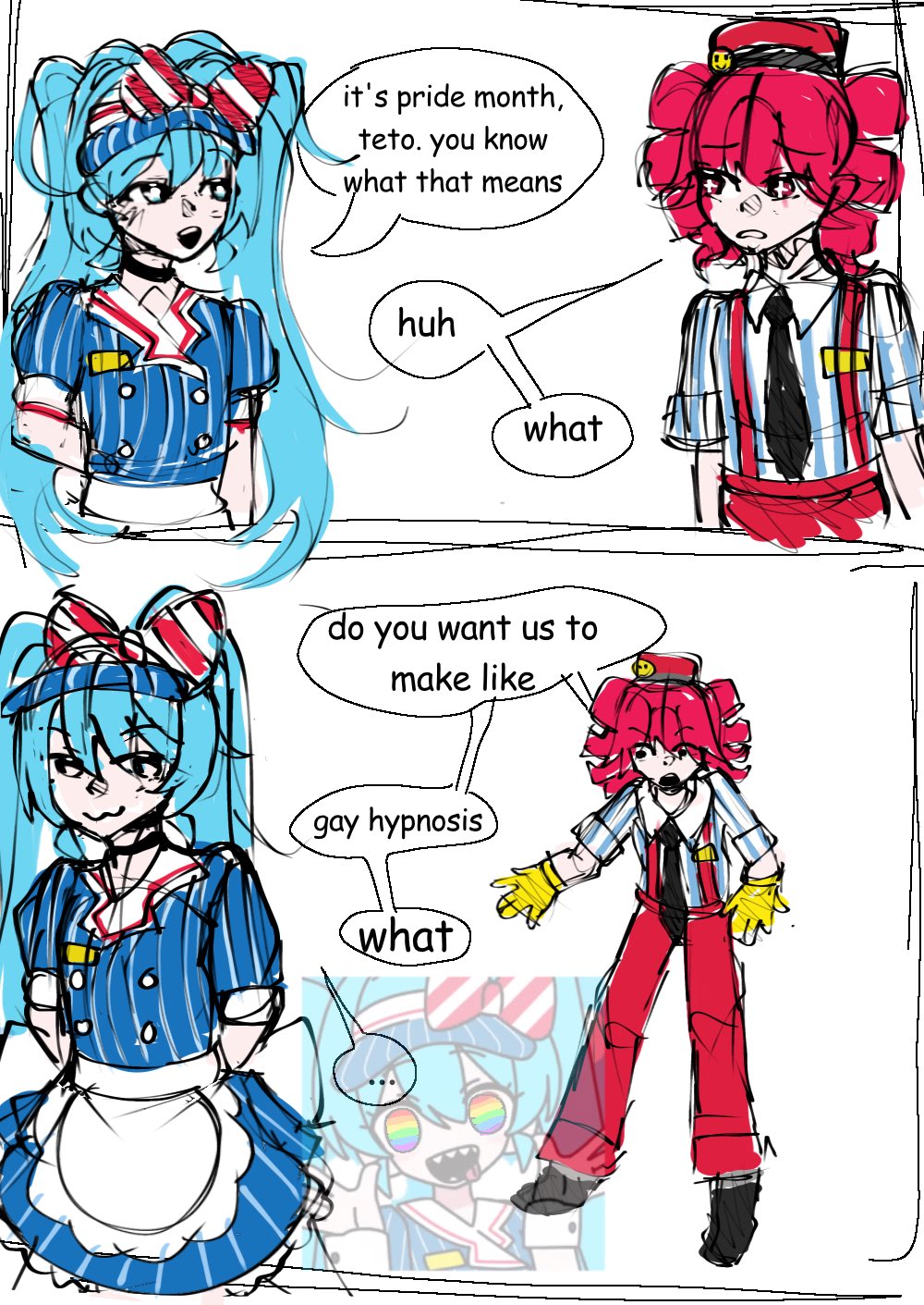 ... 2girls 2koma :3 aqua_eyes aqua_hair arms_behind_back black_necktie blue_dress blue_shirt borrowed_inset bow buttons collared_shirt comic diagonal-striped_bow double-breasted dress drill_hair english_text gloves hat hatsune_miku highres inset it&#039;s_pride_month_you_know_what_that_means_(meme) kasane_teto lgbt_pride long_hair meme mesmerizer_(vocaloid) multiple_girls necktie open_mouth outstretched_arms pants pinstripe_dress pinstripe_pattern pinstripe_shirt pride_month red_eyes red_hair red_hat red_pants red_suspenders shirt simple_background sketch speech_bubble spoken_ellipsis standing striped_bow striped_clothes striped_dress striped_shirt subspace_(ssubspacing) suspenders symbol-shaped_pupils twin_drills twintails two-tone_shirt utau vertical-striped_clothes vertical-striped_dress vertical-striped_shirt vocaloid white_background white_shirt yellow_gloves