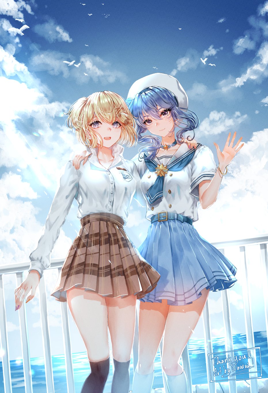 2girls arm_around_neck blonde_hair blue_choker blue_eyes blue_hair blue_necktie blue_skirt blue_sky bracelet brown_legwear brown_skirt choker closed_mouth cloud commentary commission day english_commentary hair_between_eyes hair_ornament hat highres hololive hololive_english hoshimachi_suisei jewelry kneehighs long_hair looking_at_viewer multiple_girls necktie open_mouth outdoors over-kneehighs pleated_skirt sailor_collar shirt short_hair short_sleeves skirt sky socks thighhighs virtual_youtuber wani_(fadgrith) watson_amelia white_background white_legwear white_sailor_collar white_shirt x_hair_ornament