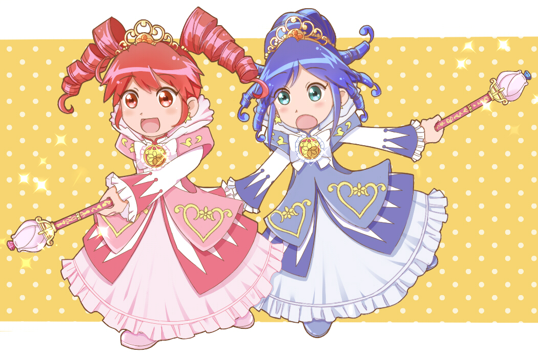 2girls :d :o aqua_eyes blue_dress blue_hair blue_shoes blush bow chinese_commentary commentary crest curly_hair dress dress_bow drill_hair earrings fine_(futagohime) fine_(prominence_dress_up)_(futagohime) four-pointed_star frilled_sleeves frills full_body fushigiboshi_no_futago_hime gold_tiara gown hair_between_eyes hair_ornament heart heart_print high_collar hiroww holding holding_wand jewelry letterboxed long_hair long_sleeves looking_ahead magical_girl matching_outfits medallion multiple_girls open_mouth overskirt pink_dress pink_shoes polka_dot polka_dot_background red_eyes red_hair rein_(futagohime) rein_(prominence_dress_up)_(futagohime) ringlets shoes siblings sisters smile standing star_(symbol) star_earrings sun_print supportasse tiara twin_drills twins two-tone_dress wand white_bow white_dress wide_sleeves yellow_background