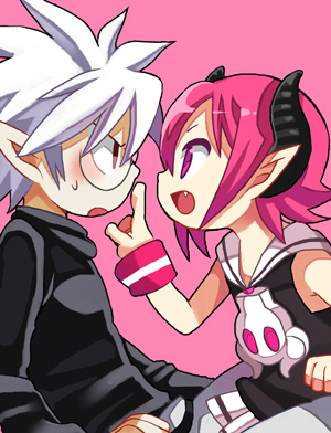 1boy 1girl blush disgaea glasses hato_mune horns lowres makai_senki_disgaea_3 mao_(disgaea) pink_background pink_eyes pink_hair pointy_ears profile raspberyl round_eyewear school_uniform serafuku shirt short_hair simple_background smile spiked_hair sweat white_hair wrist_cuffs