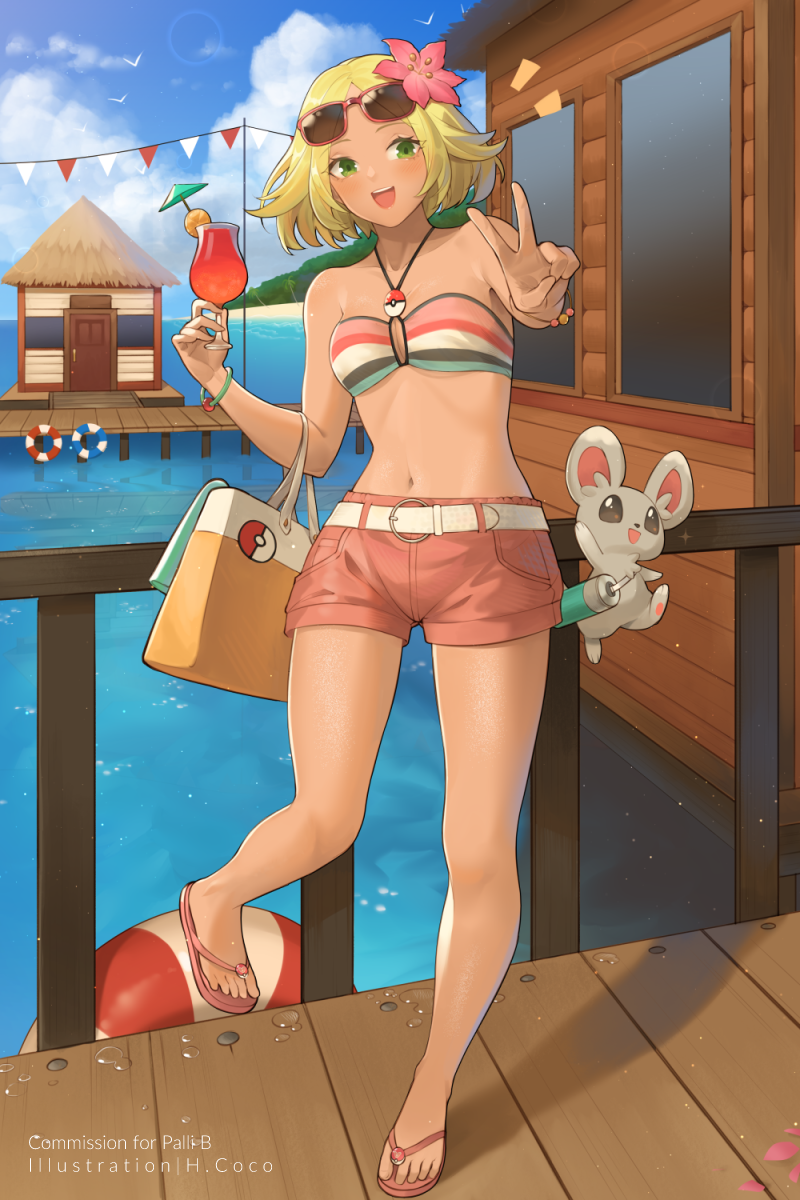 1girl :d alternate_costume bag bare_shoulders belt belt_buckle bianca_(pokemon) bikini blonde_hair breasts buckle building commentary commission creatures_(company) cup day door english_commentary eyewear_on_head flip-flops flower game_freak gen_5_pokemon green_eyes hair_flower hair_ornament halterneck hentaki highres holding holding_cup looking_at_viewer minccino navel nintendo open_mouth outdoors parted_bangs pennant pink_flower pink_footwear pink_shorts pokemon pokemon_(creature) pokemon_bw2 red-framed_eyewear sandals short_shorts shorts small_breasts smile standing standing_on_one_leg string_of_flags striped_bikini striped_clothes sunglasses swimsuit teeth upper_teeth_only v water white_belt window