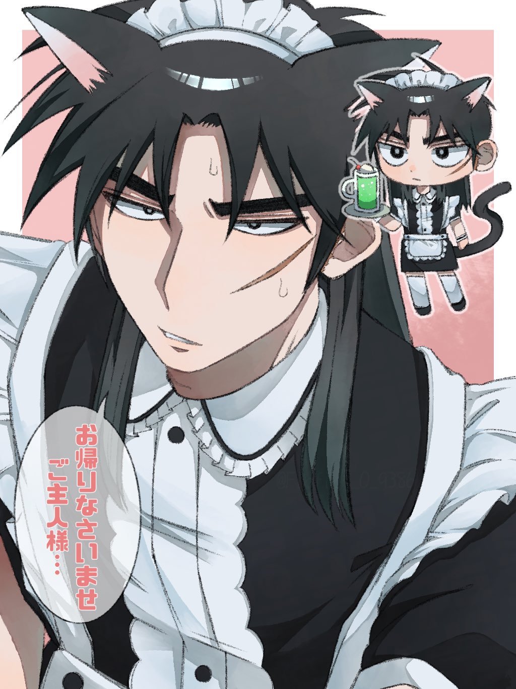 1boy animal_ears black_hair cat_ears cat_tail collared_dress crossdressing dress food frills highres ice_cream ice_cream_float itou_kaiji kaiji long_hair maid maid_headdress male_maid pink_background scar scar_on_face tail thighhighs translation_request white_thighhighs