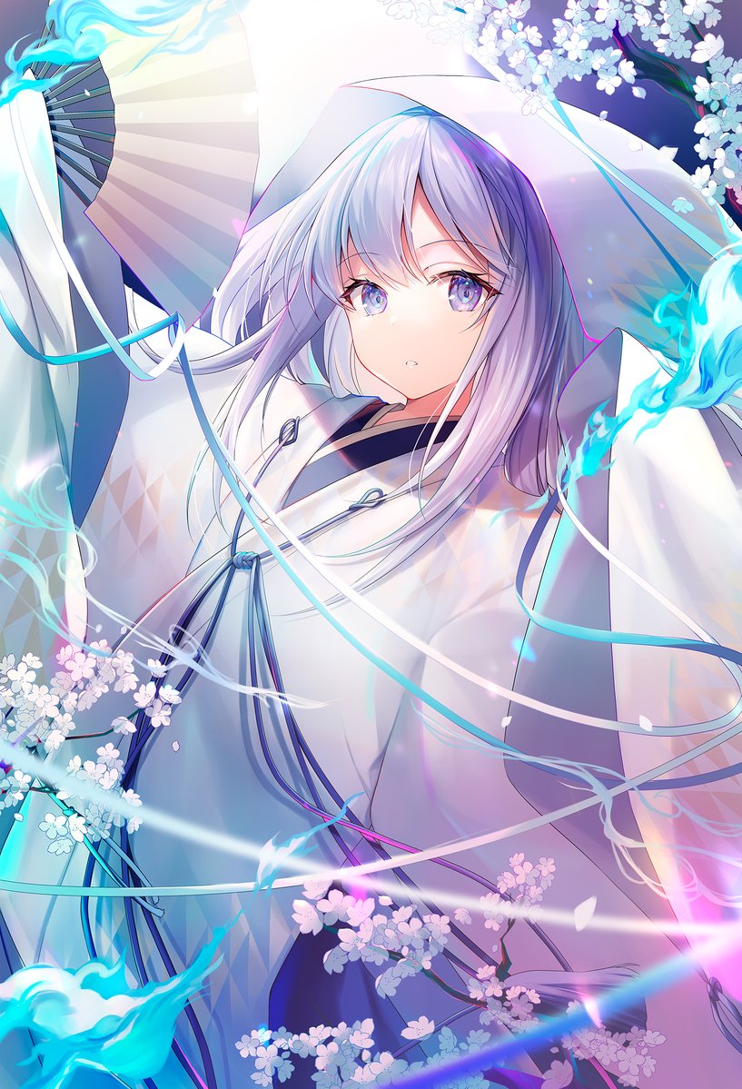 blue_theme emori_miku hand_fan holding holding_fan kagachi_saku liver_city solo tagme white_theme