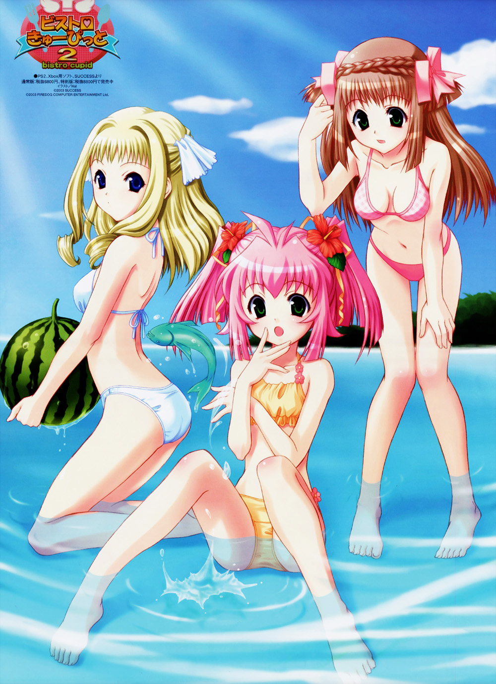 00s 2003 3girls bikini bistro_cupid bistro_cupid_(series) bistro_cupid_2 blonde_hair blue_bikini blue_eyes brown_hair celery_periwinkle cherry_maple cloud crease feet fish flower food fruit green_eyes hal highres holding holding_food holding_fruit melon multiple_girls ocean pandaki_(aki) pink_bikini pink_hair red_hair scan sorrel_nasturtium swimsuit watermelon yellow_bikini