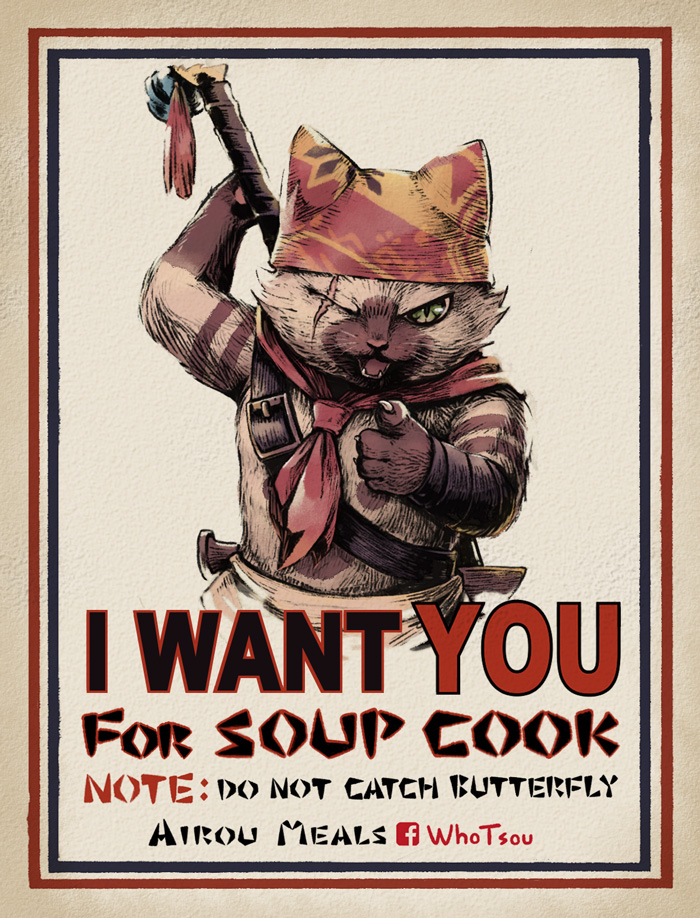 arm_up body_fur cat claws english_text engrish_text facebook_logo facebook_username felyne furry furry_male green_eyes hat i_want_you looking_at_viewer male_focus meowscular_chef monster_hunter:_world monster_hunter_(series) one_eye_closed open_mouth parody pointing pointing_at_viewer poster_(medium) propaganda ranguage scar scar_across_eye scar_on_face scarf slit_pupils solo upper_body whotsou