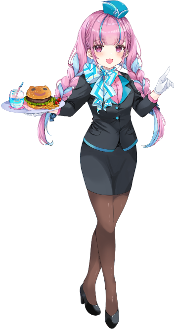 black_jacket blue_scarf brown_pantyhose burger flight_attendant flight_attendant_hat food high_heels hinakisara holding holding_food hololive jacket minato_aqua official_art pantyhose pencil_skirt pink_eyes pink_hair scarf skirt travel_attendant virtual_youtuber