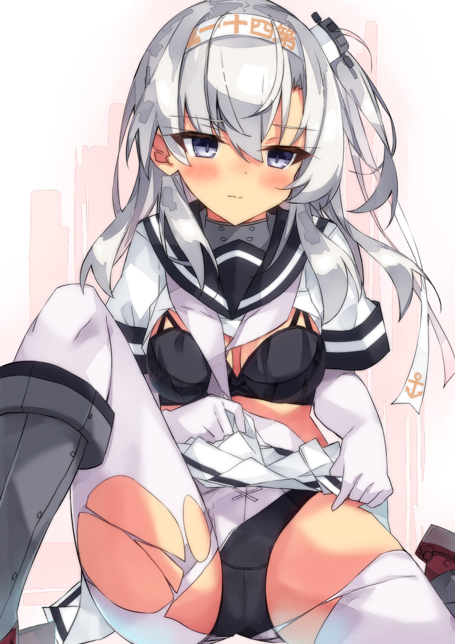 beritabo black_bra black_headband black_panties black_sailor_collar blush bodysuit bra breasts cape embarrassed grey_cape grey_eyes grey_hair grey_neckerchief hachimaki headband highres kantai_collection neckerchief one_side_up panties pleated_skirt sailor_collar skirt small_breasts suzutsuki_(kancolle) torn_clothes underwear white_bodysuit white_headband white_neckerchief white_skirt