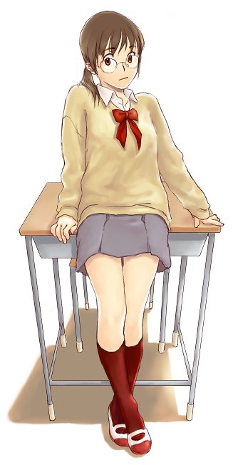 1girl desk female_focus glasses kneehighs mokyu_tasuku mokyusuke original red_socks round_eyewear school_uniform serafuku socks solo sweater white_background