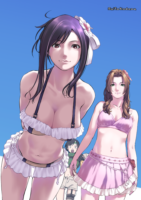 3girls aerith_gainsborough arms_behind_back bikini black_hair breasts brown_eyes brown_hair cleavage commentary_request crop_top final_fantasy final_fantasy_vii final_fantasy_vii_rebirth final_fantasy_vii_remake flower green_eyes hair_flower hair_ornament leaning_forward long_hair looking_at_viewer medium_breasts multiple_girls navel open_mouth short_hair shorts smile swimsuit tifa_lockhart wang-pac yuffie_kisaragi