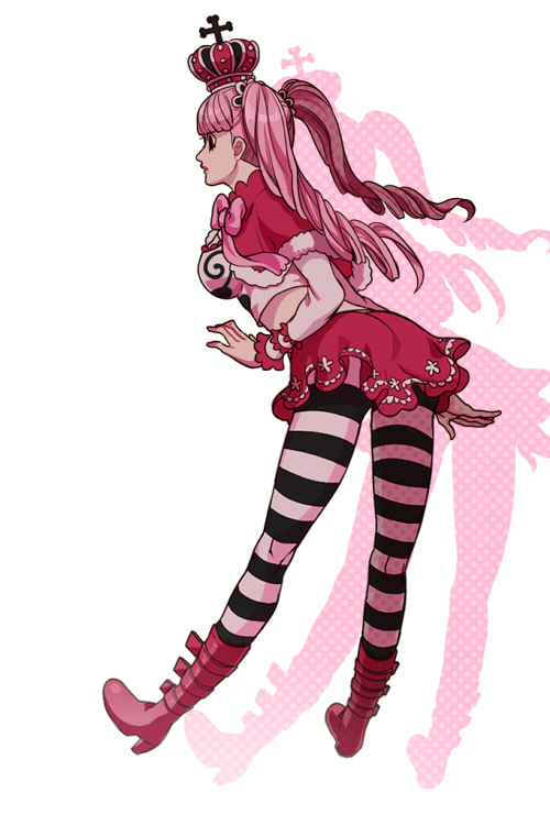 1girl black_eyes breasts capelet crown drill_hair floating foxvulpine from_behind fur-trimmed_capelet fur_trim long_hair looking_to_the_side makeup midriff one_piece pantyhose perona pink_hair red_crown solo striped_clothes striped_pantyhose thighhighs twintails