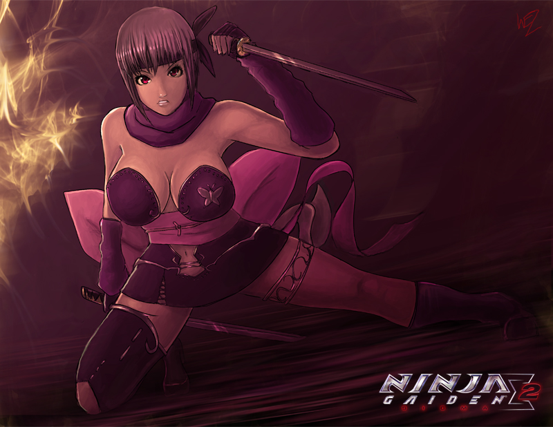 1girl ayane_(doa) breasts cleavage dead_or_alive dual_wielding female_focus holding ninja_gaiden ninja_gaiden_sigma_2 purple_hair red_eyes short_hair solo sword tecmo w-e-z weapon wez