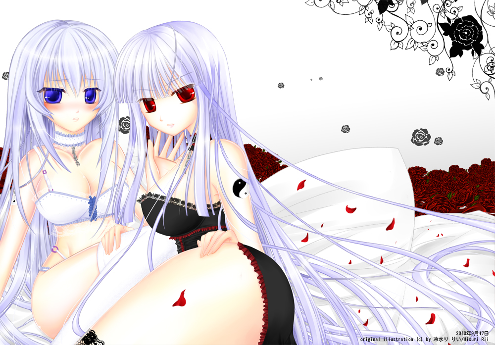 blue_eyes blush breasts flower hisuri_rii lace large_breasts lingerie petals pillow red_eyes rose underwear white_hair