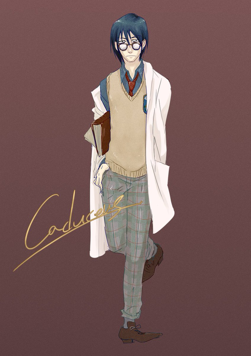 1boy alternate_costume aragaki_shuuya black_eyes black_hair book brown_background brown_footwear brown_sweater_vest chou_shittou_caduceus dress_shirt english_text facing_viewer glasses grey_shirt hand_in_pocket highres holding holding_book jacket lab_coat looking_at_viewer male_focus necktie open_clothes open_jacket pants plaid_clothes plaid_pants putting_on_coat red_necktie satou_karume shirt sweater_vest