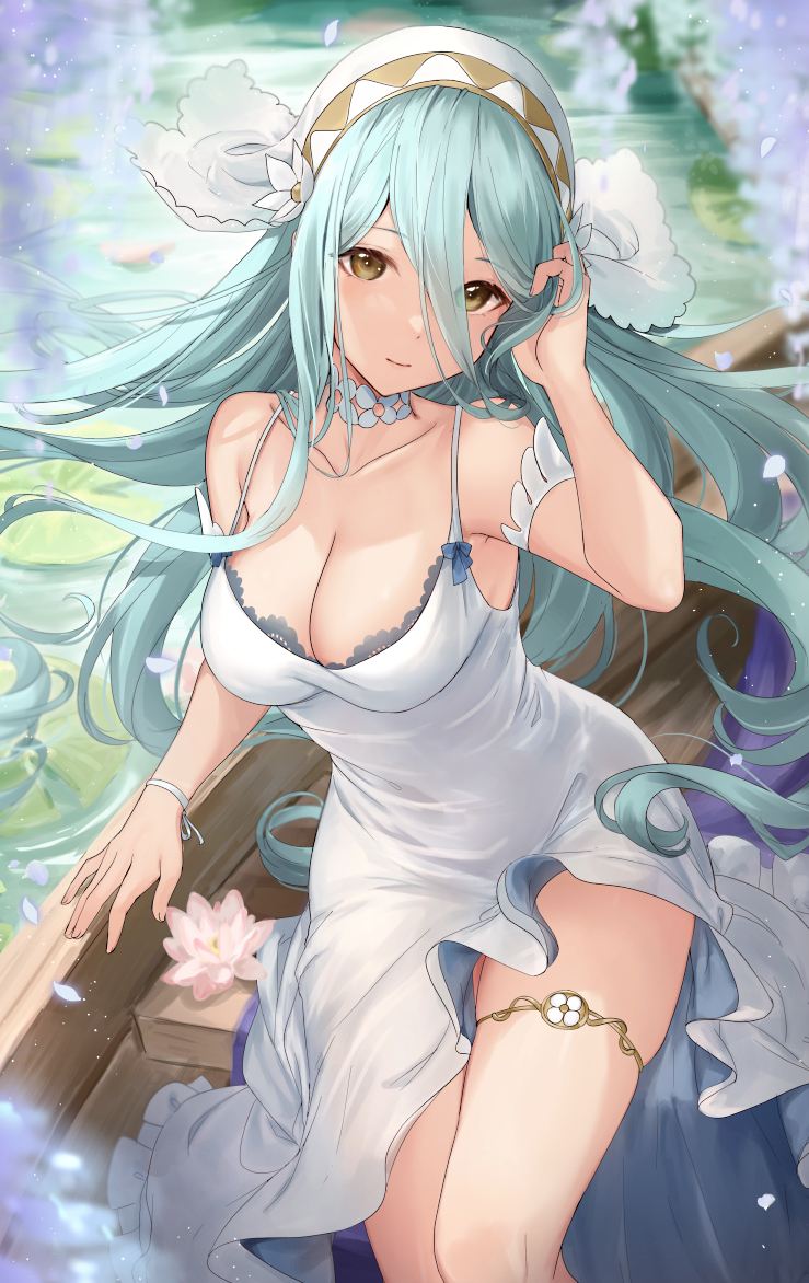 1girl azura_(fire_emblem) blue_hair boat breasts choker cleavage dress falling_petals fire_emblem fire_emblem_fates flower flower_choker hair_between_eyes haru_(nakajou-28) headdress light_smile long_hair looking_at_viewer nintendo petals ribbon sitting solo thigh_ring thighs very_long_hair water watercraft white_dress wrist_ribbon yellow_eyes