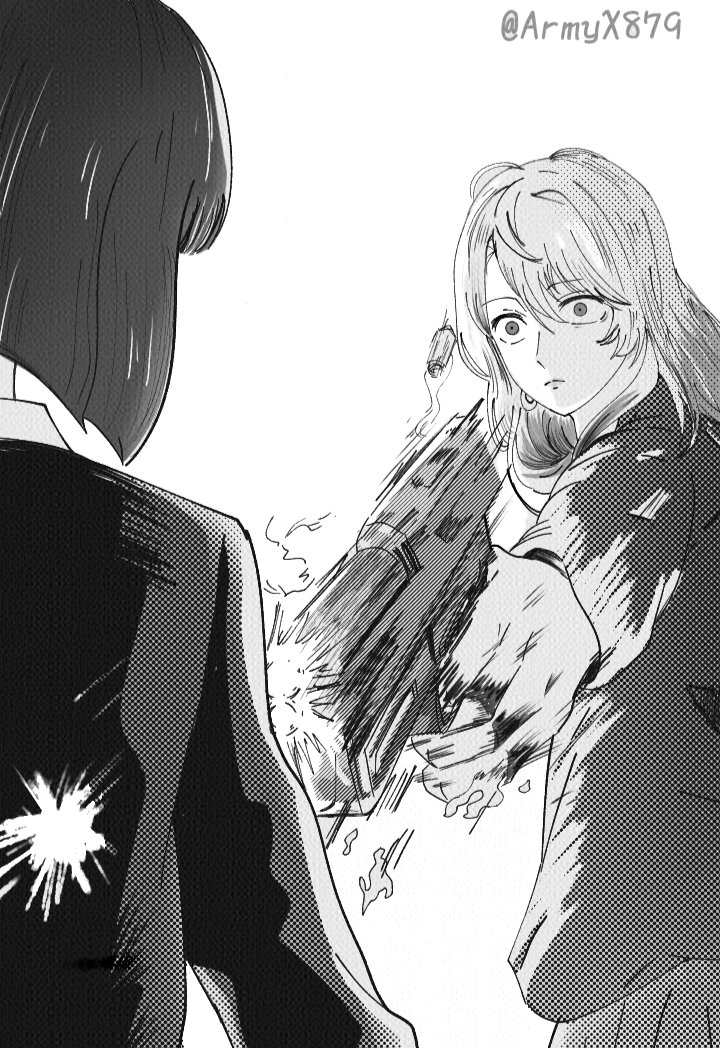 2girls arima_kana armyx879 artist_name back blunt_ends casing_ejection closed_mouth commentary crazy_eyes english_commentary finger_on_trigger firing from_behind greyscale gun handgun holding holding_gun holding_weapon jacket long_hair long_sleeves looking_at_another monochrome motion_lines multiple_girls muzzle_flash oshi_no_ko outstretched_arm saitou_miyako screentones shell_casing short_hair smoke speed_lines swept_bangs twitter_username weapon wide-eyed