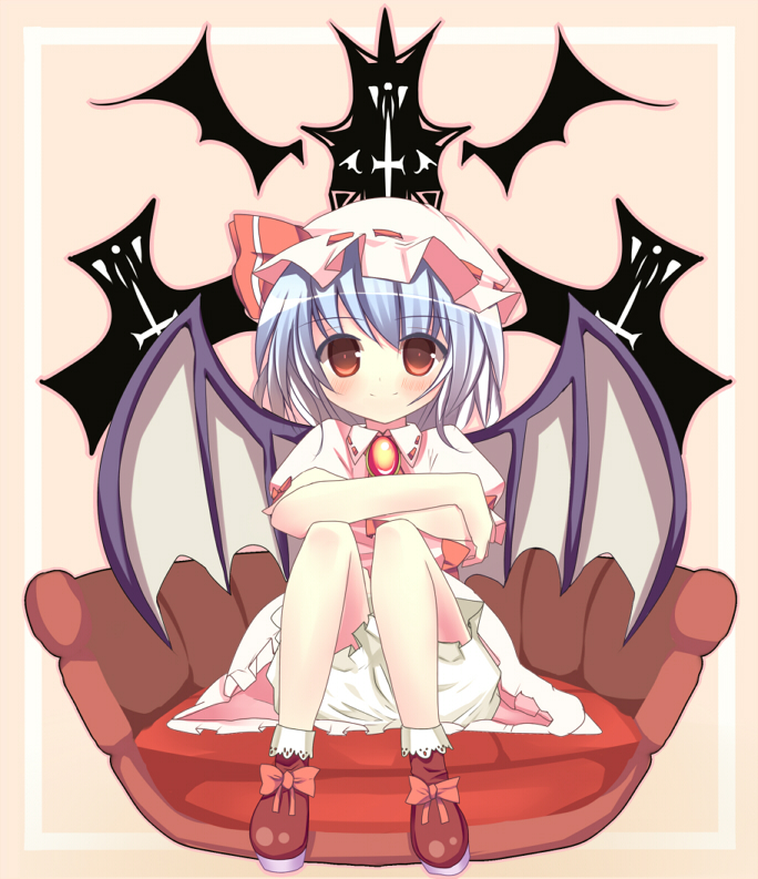 1girl bat_wings blue_hair female_focus full_body hat red_eyes remilia_scarlet short_hair sitting solo touhou tsunono wings