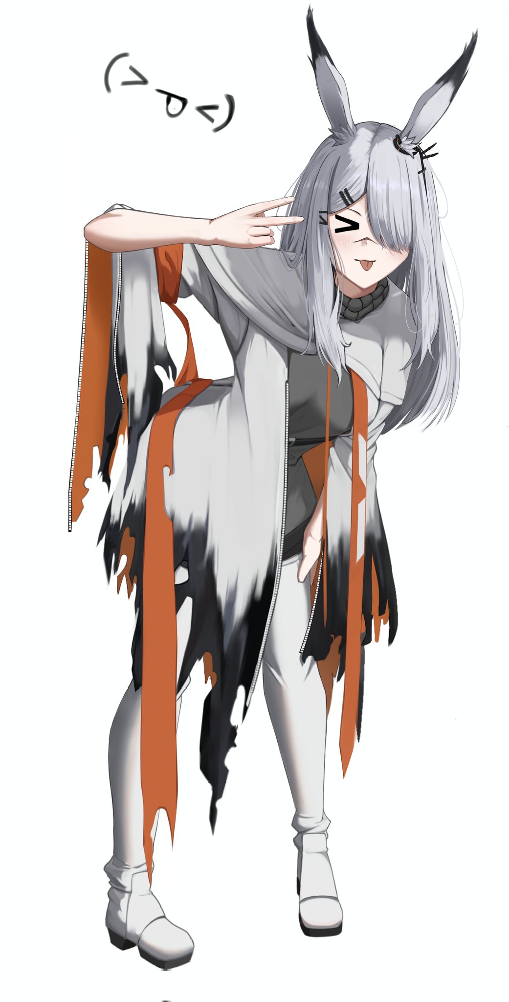 &gt;_&lt; 1girl :p animal_ears arknights arm_up black_jacket blush closed_eyes dress facing_viewer fingernails frostnova_(arknights) full_body grey_dress grey_hair hair_ornament hair_over_one_eye hairclip hand_on_own_thigh highres jacket leaning leaning_forward long_hair nik_(n1km47) one_eye_covered open_clothes open_jacket pantyhose rabbit_ears rabbit_girl shoes short_dress sidelocks simple_background smile solo standing tongue tongue_out torn_clothes torn_jacket torn_sleeves v white_background white_footwear white_jacket white_pantyhose zipper