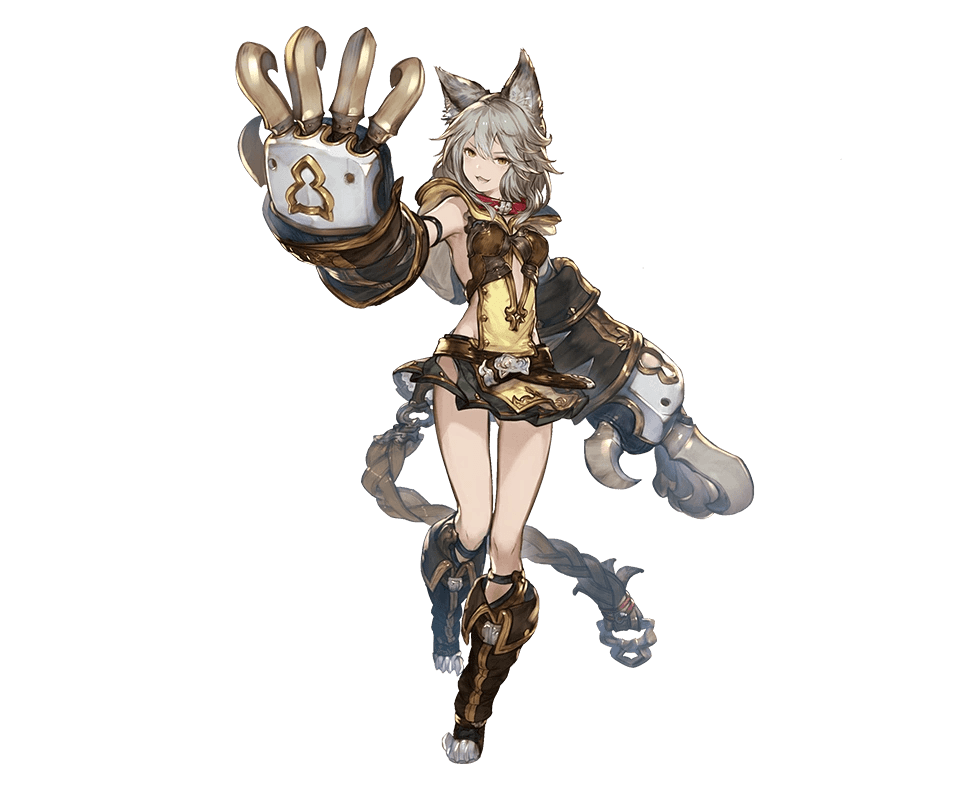 animal_ears boots braid breasts claws full_body gloves gran_(granblue_fantasy) grey_hair huge_weapon medium_breasts oversized_gloves paw_gloves sen_(granblue_fantasy) smile transparent_background weapon yellow_eyes