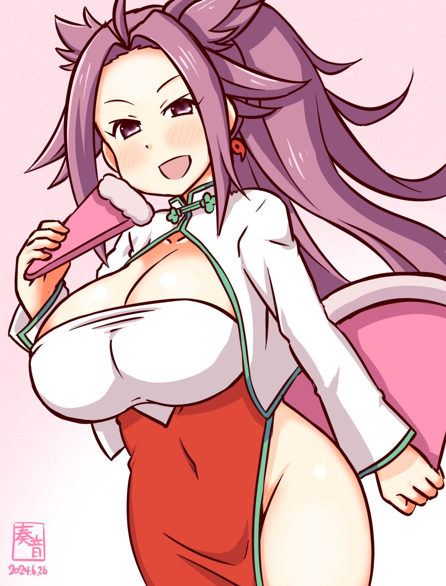 1girl alternate_costume artist_logo blush breasts china_dress chinese_clothes cleavage_cutout clothing_cutout covered_navel dated dress gradient_background hand_fan holding holding_fan jacket jun&#039;you_(kancolle) kanon_(kurogane_knights) kantai_collection large_breasts long_hair long_sleeves magatama open_mouth pink_background purple_eyes purple_hair red_dress smile spiked_hair white_jacket