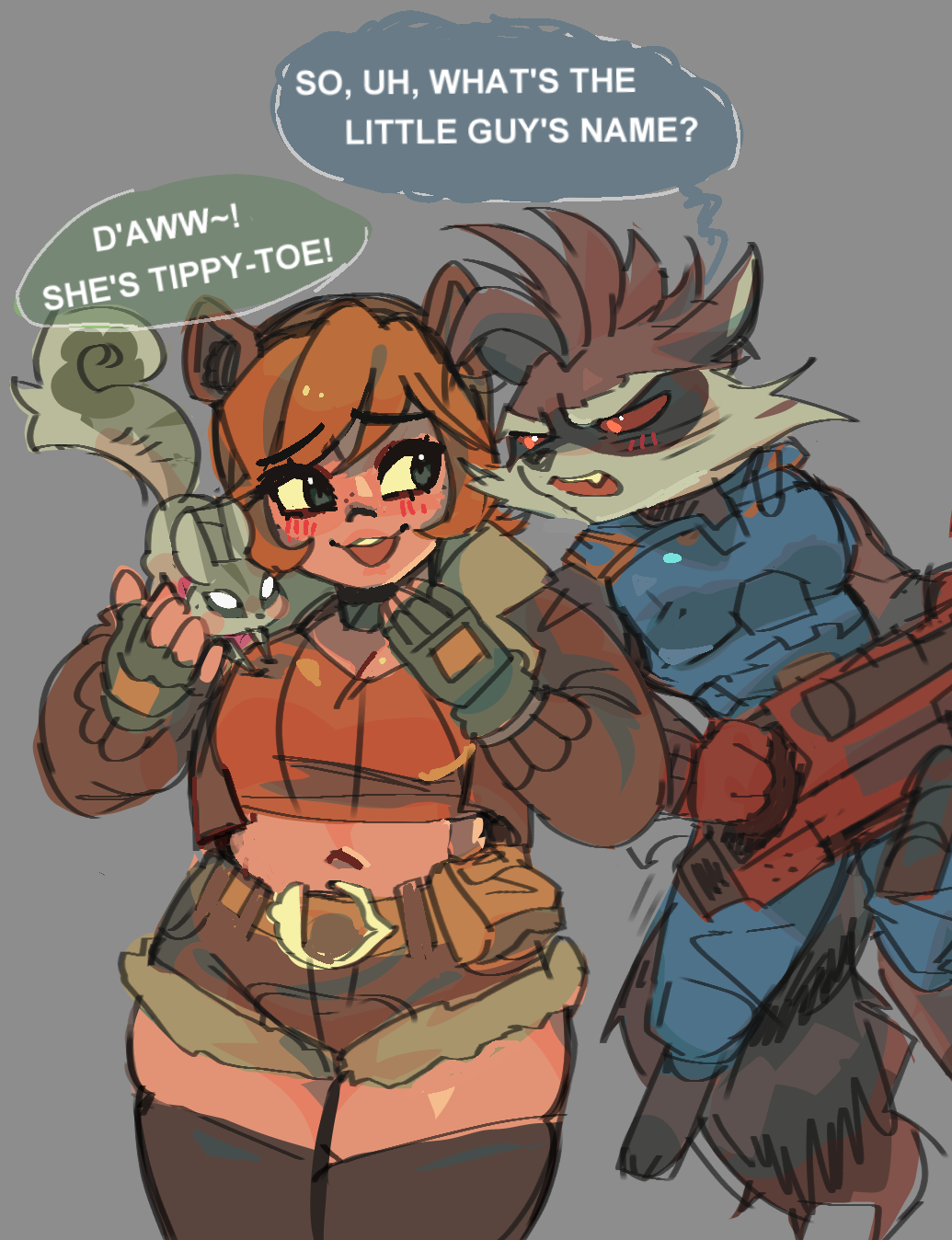 1boy 1girl animal_ears blush brown_jacket brown_shorts commentary crop_top english_commentary english_text fang fingerless_gloves furry furry_male gloves grey_background guardians_of_the_galaxy gun highres holding holding_gun holding_weapon jacket looking_at_another marvel marvel_cinematic_universe marvel_rivals mercysstrap open_mouth orange_shirt raccoon_boy raccoon_ears raccoon_tail red_eyes rocket_raccoon shirt shorts speech_bubble squirrel squirrel_girl_(marvel) tail talking thighhighs tippy-toe weapon