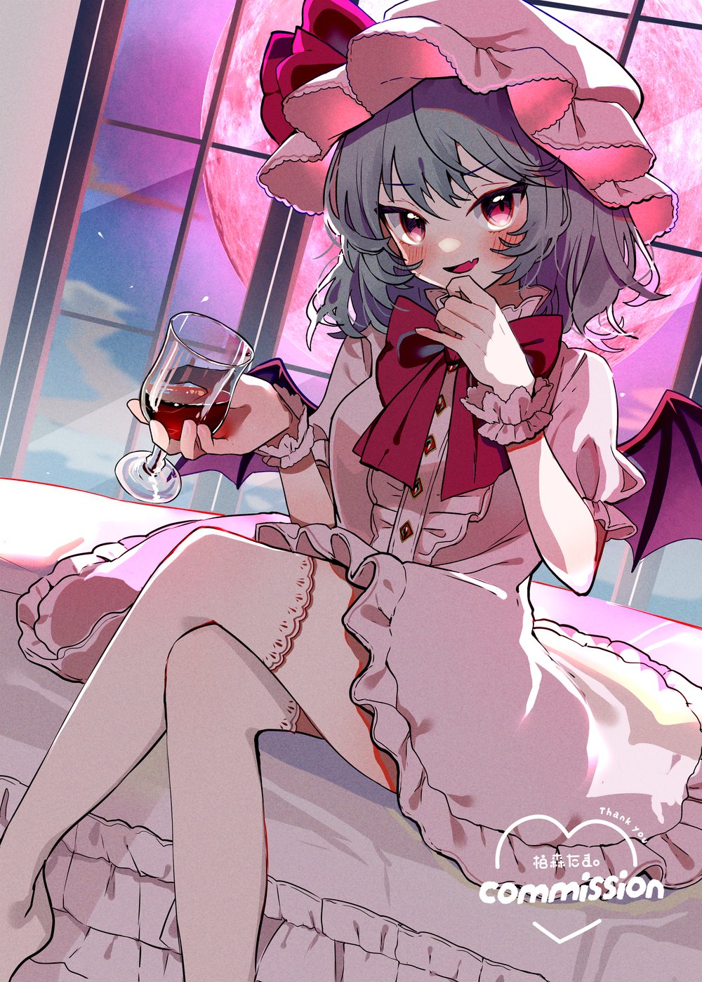 1girl blush breasts commission crossed_legs cup dress glass grey_hair hat heart highres holding holding_cup medium_breasts medium_hair mob_cap moon on_bed pink_dress pink_hat red_eyes red_moon remilia_scarlet sitting tamagogayu1998 thighhighs touhou vampire white_thighhighs window