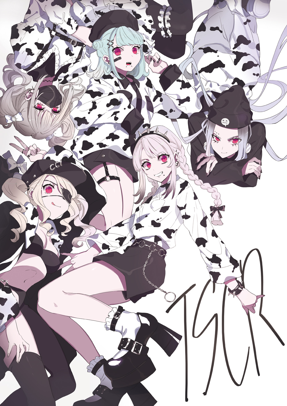 5girls animal_print bandaid bandaid_on_face beanie blonde_hair braid cow_print eyepatch fashion grey_hair hat headband highres long_hair long_sleeves looking_at_viewer mask mole mole_under_mouth mouth_mask multiple_girls original pink_eyes pink_hair puppeteer7777 shirt skirt smile spiked_headband twin_braids twintails