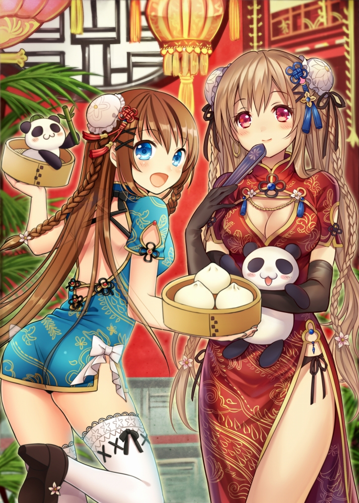 2girls :3 artist_collaboration back bamboo baozi blonde_hair blue_dress blue_eyes blush bow braid breasts brown_hair china_dress chinese_clothes clarinet_(natsumi3230) cleavage cleavage_cutout clothing_cutout cowboy_shot double_bun dress elbow_gloves eyebrows folded_fan folding_fan food gloves hair_bun hair_ribbon hand_fan high_heels holding holding_fan kurata_rine lantern long_hair looking_at_viewer looking_back madogawa medium_breasts multiple_girls open_mouth original panda panties pink_eyes red_dress ribbon side-tie_panties smile standing standing_on_one_leg thighhighs underwear very_long_hair white_bow white_legwear