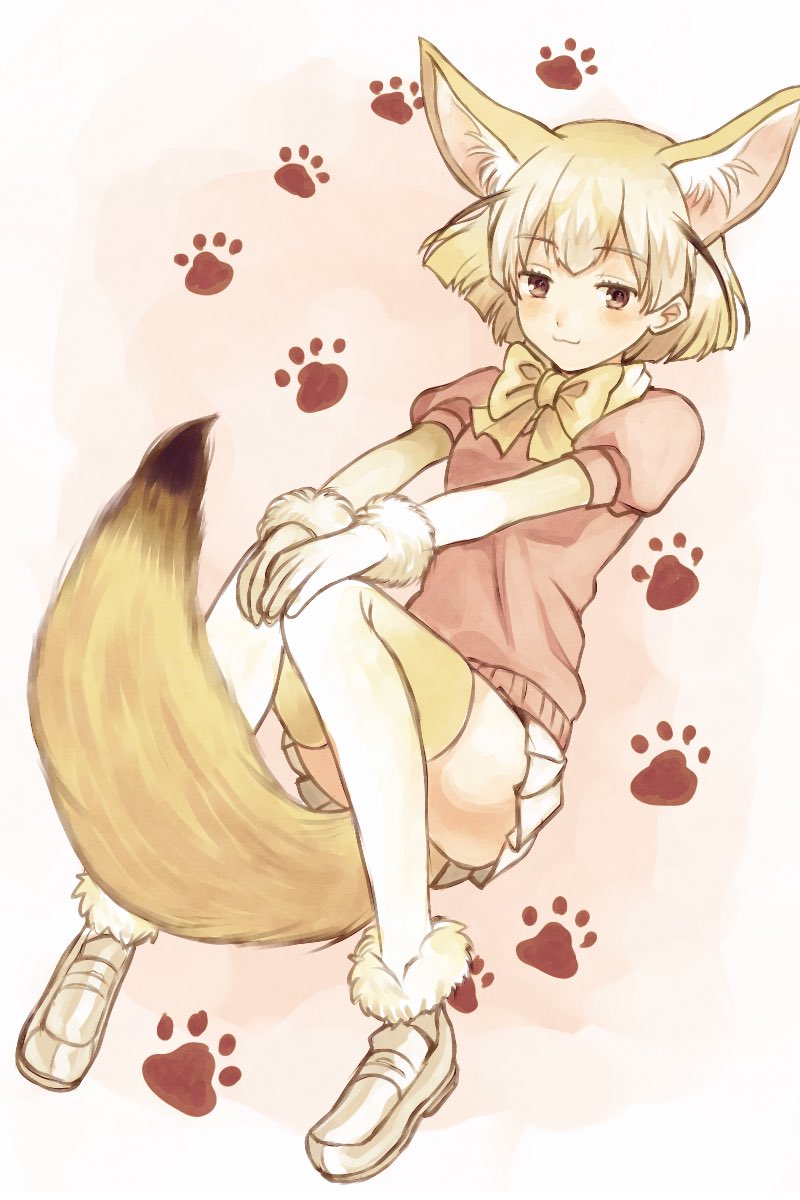 10s 1girl :3 animal_ears bad_id bad_twitter_id blonde_hair brown_eyes eyebrows eyelashes female_focus fennec_(kemono_friends) floating fox_ears fox_tail full_body fur-trimmed_gloves fur_trim gloves hands_on_own_knees highres jitome kemono_friends knees_together_feet_apart kurodeko loafers looking_at_viewer neck_ribbon paw_print paw_print_background pink_background pink_shirt puffy_short_sleeves puffy_sleeves ribbon shirt shoes short_hair short_sleeves skirt smile smug socks solo tail thighhighs white_footwear white_gloves white_skirt yellow_ribbon