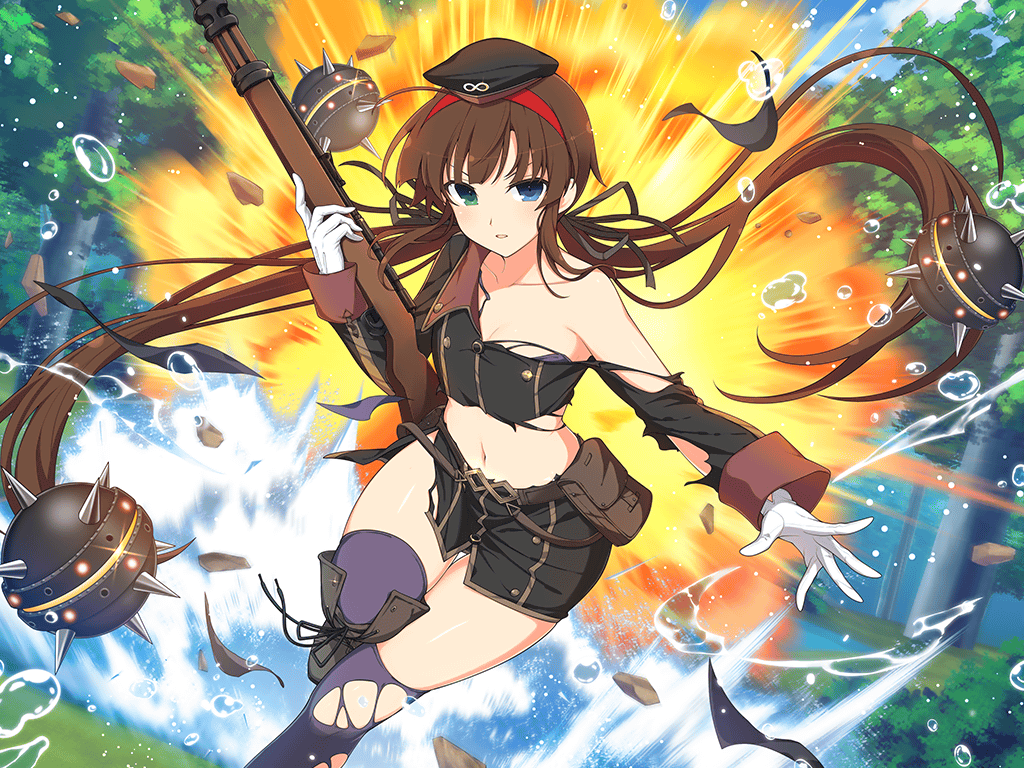 1girl black_ribbon blue_eyes bomb boots brown_hair clothing_cutout explosion explosive fighting_stance flat_chest forest green_eyes gun hairband hat heterochromia holding holding_gun holding_weapon long_hair looking_at_viewer low_twintails military_hat military_uniform nature navel navel_cutout non-web_source official_art plant red_hairband ribbon ryoubi_(senran_kagura) senran_kagura senran_kagura_new_link splashing torn_clothes tree twintails weapon