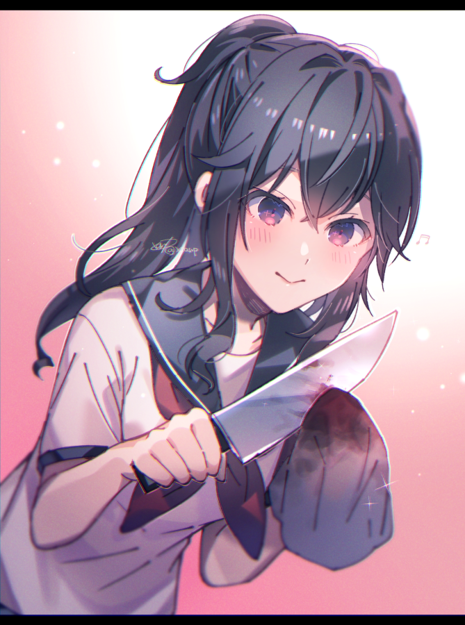 1girl :&gt; ayano_aishi black_eyes black_hair blush cleaning cleaning_weapon holding holding_knife knife letterboxed long_hair musical_note neckerchief ponytail school_uniform serafuku short_sleeves smile solo weapon yandere_simulator yuiki_yuu