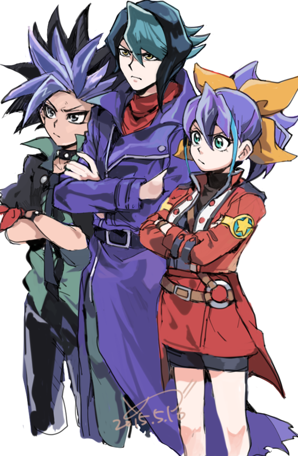 1girl 2boys bike_shorts black_hair blue_hair bow cape coat collar crossed_arms green_eyes hair_bow kurosaki_shun_(yu-gi-oh!) medu_(rubish) multicolored_hair multiple_boys necktie ponytail purple_hair scarf serena_(yu-gi-oh!) two-tone_hair yellow_eyes yu-gi-oh! yu-gi-oh!_arc-v yuto_(yuu-gi-ou_arc-v) yuuto_(yu-gi-oh!)