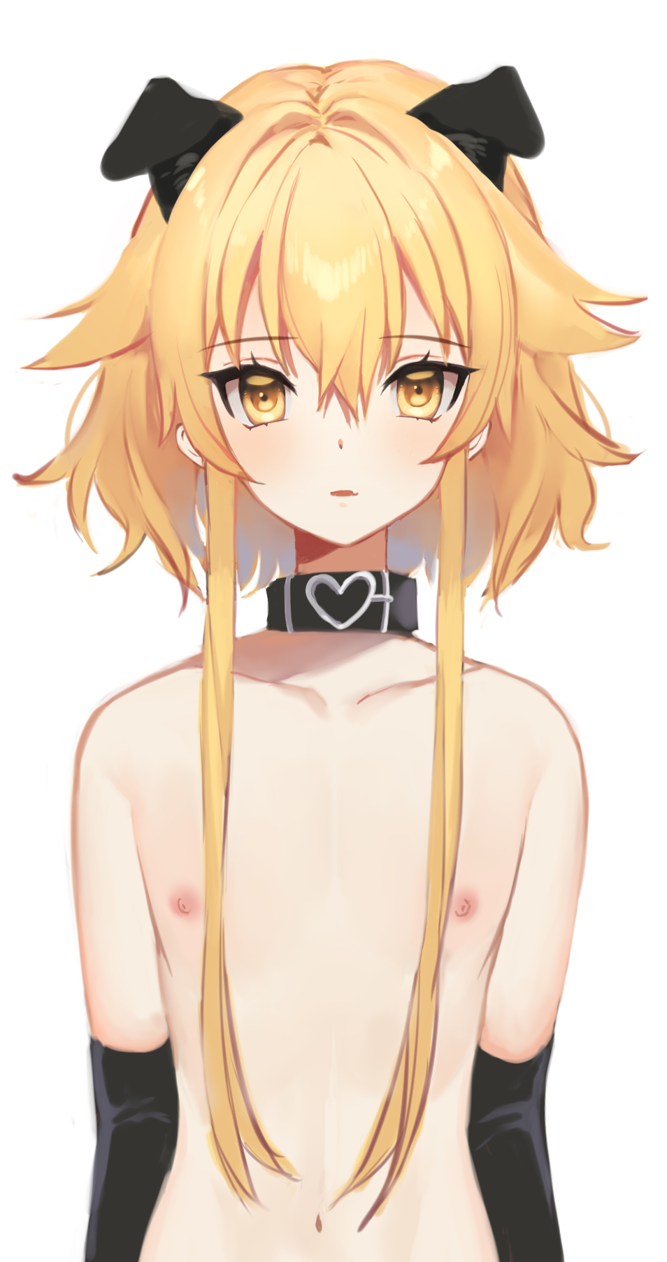 1boy animal_ears arms_at_sides blonde_hair blush bob_cut collar dog_boy dog_ears envy_elika_(koyashaka) facing_viewer gloves hair_between_eyes highres koyashaka looking_at_viewer male_focus nipples original simple_background solo topless_male trap white_background