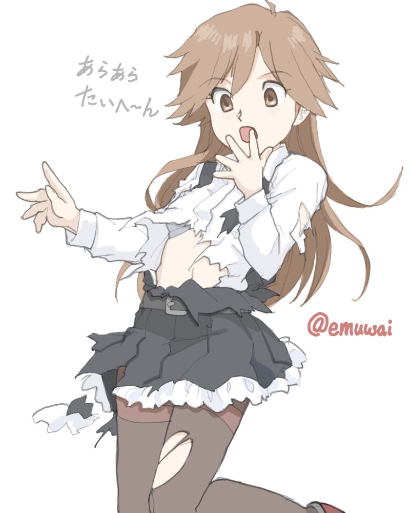 1girl arashio_(kancolle) arashio_kai_ni_(kancolle) black_dress black_pantyhose brown_eyes brown_hair collared_shirt commentary_request dress dress_shirt emuwai feet_out_of_frame kantai_collection long_hair looking_at_viewer one-hour_drawing_challenge pantyhose pinafore_dress shirt sleeveless sleeveless_dress solo torn_clothes torn_pantyhose translation_request twintails twitter_username white_shirt