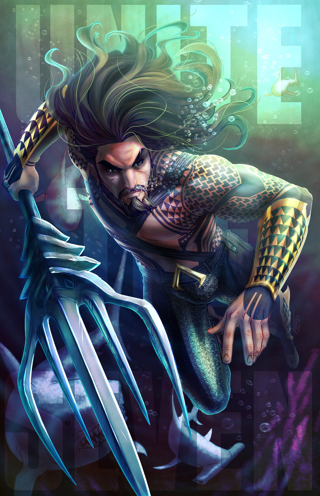 1boy aqua_man aquaman_(series) armor beard belt bubble dark_skin dawn_of_justice dc_comics dccu facial_hair fooray hammerhead_shark highres long_hair male_focus muscular ocean polearm shark topless_male solo swimming tattoo tribal_tattoo trident underwater vambraces weapon