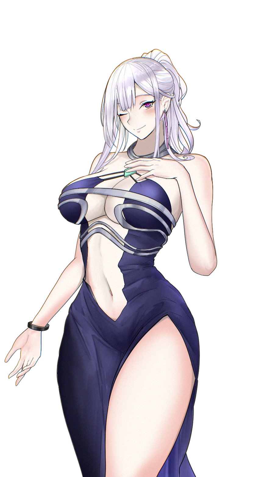 1girl ak-12_(girls&#039;_frontline) ak-12_(quiet_azure)_(girls&#039;_frontline) alternate_costume bare_shoulders blush bracelet breasts center_opening cleavage clothing_cutout dress earrings girls&#039;_frontline halter_dress halterneck hand_on_own_chest highres jewelry large_breasts leg_cutout looking_at_viewer navel official_alternate_costume one_eye_closed simple_background solo stomach swavigg upper_body white_background white_hair