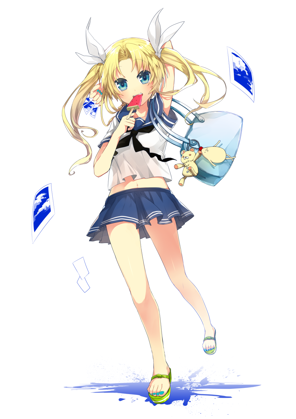 1girl arm_behind_head bad_id bad_pixiv_id bag blonde_hair blue_eyes female_focus food fujikiti fujikiti1128 highres long_hair midriff nail_polish navel original photo_(object) popsicle ribbon sandals school_bag school_uniform serafuku skirt smile solo toenail_polish toenails twintails