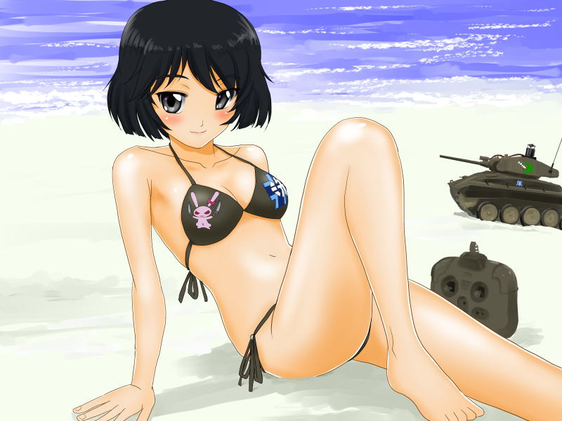 10s 1girl arm_support barefoot beach bikini black_eyes black_hair blush day girls_und_panzer leaning_back looking_at_viewer m24_chaffee matsui_yasutsugu military military_vehicle motor_vehicle navel outdoors sand short_hair side-tie_bikini_bottom sitting solo swimsuit tank utsugi_yuuki vehicle water