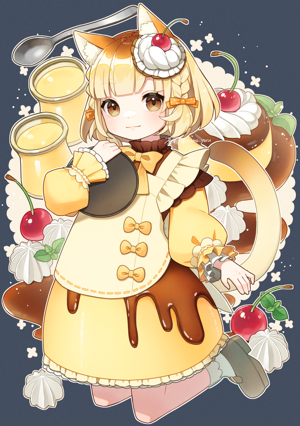 1girl :3 animal_ear_fluff animal_ears aona_(noraneko) apron arm_at_side black_background blonde_hair blunt_bangs bob_cut bobby_socks bow bowtie braid brown_eyes brown_hair brown_shirt caramel cat_ears cat_girl cat_tail cherry cherry_hair_ornament doily dress flower_symbol food food-themed_clothes food-themed_hair_ornament frilled_shirt_collar frilled_sleeves frills fruit full_body gradient_hair grey_footwear hair_bow hair_ornament highres holding holding_tray jar layered_sleeves legs_up long_sleeves looking_at_viewer mary_janes mint multicolored_hair orange_bow original outline pudding puffy_long_sleeves puffy_sleeves shirt shoes short_hair short_over_long_sleeves short_sleeves side_braids socks solo spoon tail tray whipped_cream white_outline white_socks yellow_apron yellow_bow yellow_bowtie yellow_dress