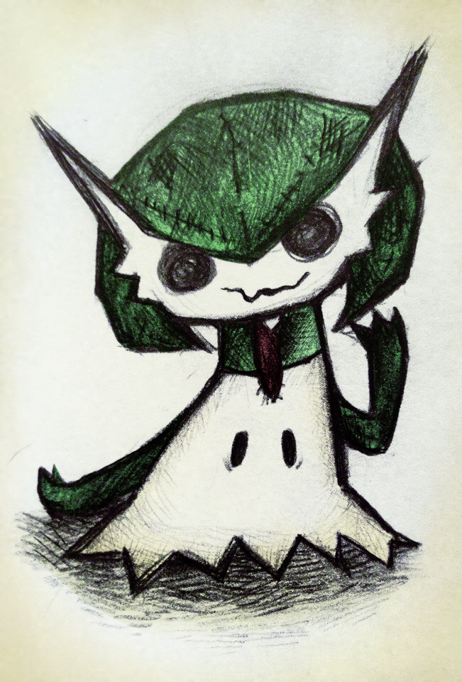 black_eyes cosplay costume creatures_(company) game_freak gardevoir gardevoir_(cosplay) gen_3_pokemon gen_7_pokemon louverusee mimikyu mixed_media nintendo no_humans painttool_sai_(medium) pokemon pokemon_(creature) simple_background smile standing traditional_media white_background