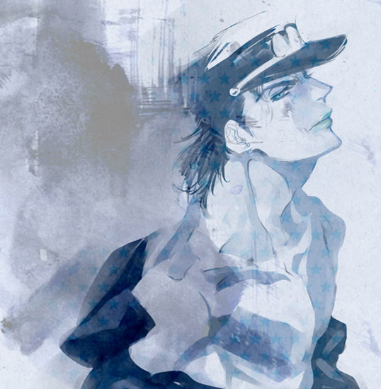 1boy blue_theme chaashuu hat jojo_no_kimyou_na_bouken kuujou_joutarou male_focus monochrome solo