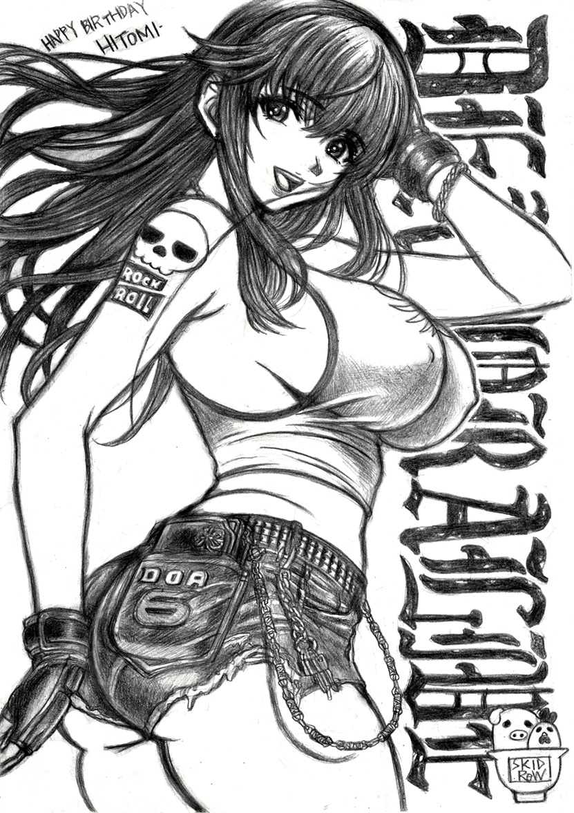 1girl breasts copyright_name dead_or_alive dead_or_alive_6 hitomi_(doa) large_breasts long_hair monochrome skidrow