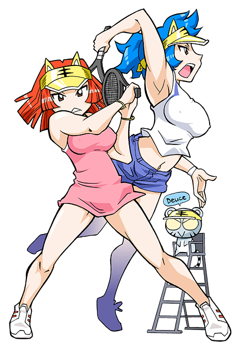 2girls alternate_costume alternate_hairstyle amu_ru animal_ear_headwear animal_ears aqua_hair arm_behind_head arm_up armpits bare_arms bare_legs bare_shoulders benga_ru black_outline black_tail blue_shorts breasts brown_eyes closed_mouth colored_sclera covered_erect_nipples cub denim denim_shorts dress facing_viewer fake_animal_ears full_body hair_tie_on_wrist hat holding holding_racket holding_tennis_racket large_breasts legs legs_apart legs_up looking_ahead looking_at_viewer medium_hair midriff mukku_(mook-tv) multiple_girls navel no_socks official_art on_chair open_hand open_mouth orange_hair outline pink_dress playing_sports profile racket second-party_source serious shirt short_dress short_shorts shorts siblings simple_background sisters sitting sleeveless sleeveless_dress spiked_hair sportswear standing straight_hair striped_fur striped_hat striped_tail tail teeth tennis tennis_dress tennis_racket tennis_uniform thighs tiger tiger_ears tongue tora_da_yo. toranoana tsurime umpire umpire_chair upper_teeth_only visor_cap white_background white_fur white_shirt white_tail white_trim wristband yellow_hat yellow_sclera