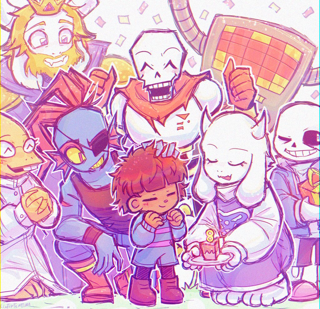 1other 3boys 3girls alphys androgynous blue_skin blush brown_hair cake closed_eyes colored_skin commentary english_commentary eyepatch fins food frisk_(undertale) furry glasses hair_over_one_eye head_fins linterteatime long_hair mettaton monster_girl multiple_boys multiple_girls open_mouth papyrus_(undertale) ponytail red_hair sans_(undertale) shirt shorts skeleton smile square_eyes striped_clothes teeth toriel undertale undyne yellow_skin