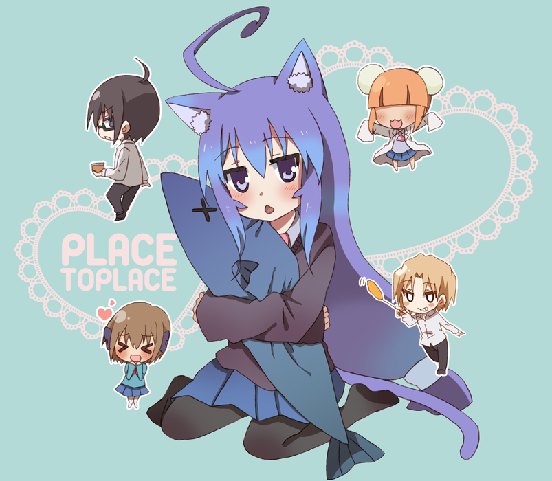 &gt;_&lt; 2boys 3girls acchi_kocchi ahoge animal_ears ascot blonde_hair blue_eyes blue_hair blush brown_hair cat_ears cat_tail character_sheet closed_eyes fish frills hair_over_eyes hair_tubes haruno_hime heart hug inui_sakaki katase_mayoi long_hair low-tied_long_hair michocolate miniwa_tsumiki multiple_boys multiple_girls orange_hair otonashi_io pantyhose school_uniform sitting skirt tail text_focus very_long_hair white_background