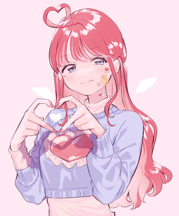 1girl 4-finger_heart_hands ahoge blue_eyes blue_sweater blush breasts check_copyright closed_mouth colored_inner_hair commentary copyright_request cropped_sweater drawn_wings fingernails frilled_sweater frills hair_intakes hands_up head_tilt heart heart_ahoge heart_hands heart_sticker layered_clothes light_smile long_hair long_sleeves looking_at_viewer multicolored_hair nail_polish original pink_background pink_hair raised_eyebrows red_hair red_nails shadow sidelocks simple_background small_breasts solo sticker_on_face streaked_hair sweater symbol-only_commentary tareme thick_eyelashes turtleneck turtleneck_sweater two-tone_hair two_side_up umeno upper_body white_sweater