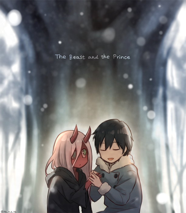 10s 1boy 1girl bad_id bad_twitter_id black_hair closed_eyes coat colored_sclera colored_skin couple darling_in_the_franxx fur_trim green_eyes grey_coat hiro_(darling_in_the_franxx) holding_hands horns long_hair looking_at_another parka pink_hair red_sclera red_skin rochika_(ya_y_a_ya) short_hair zero_two_(darling_in_the_franxx) zero_two_(young)_(darling_in_the_franxx)